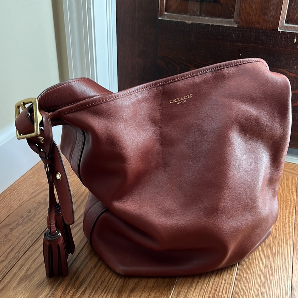 Saddle-color Coach Crossbody Bucket